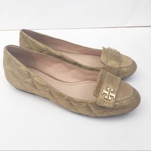 Tory Burch Leila Gold Metal Quilted Loafers Flats